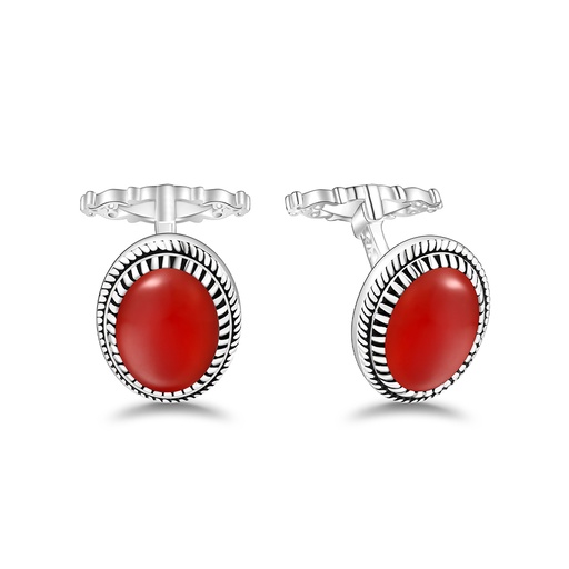 [CFL01RAG00000A249] Sterling Silver 925 Cufflink Rhodium Plated Embedded With Red Agate