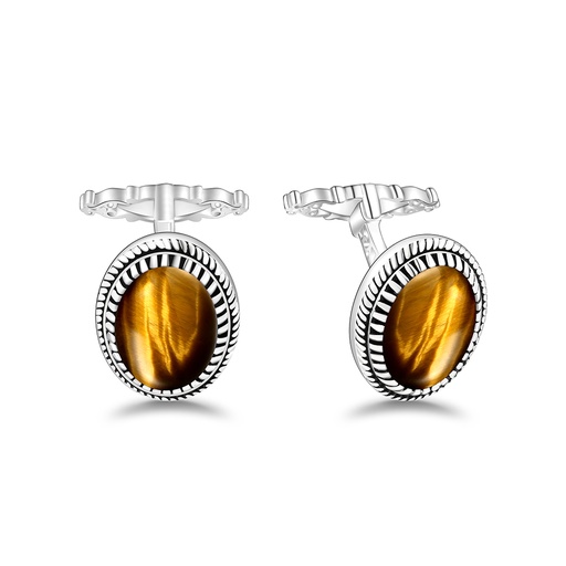 [CFL01TGE00000A249] Sterling Silver 925 Cufflink Rhodium Plated Embedded With Yellow Tiger Eye