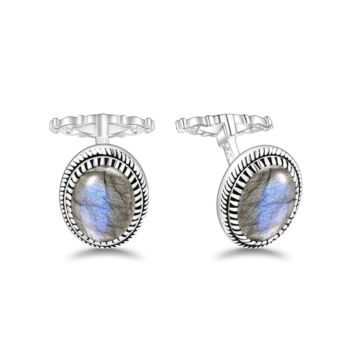 [CFL01OPL00000A249] Sterling Silver 925 Cufflink Rhodium Plated Embedded With Labrodite