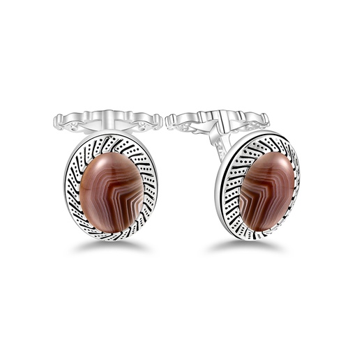 [CFL01BOT00000A250] Sterling Silver 925 Cufflink Rhodium Plated Embedded With Botswana Agate