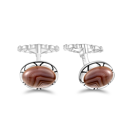 [CFL01BOT00000A254] Sterling Silver 925 Cufflink Rhodium Plated Embedded With Botswana Agate