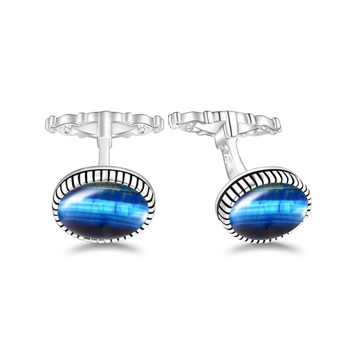 [CFL01TGU00000A255] Sterling Silver 925 Cufflink Rhodium Plated Embedded With Blue Tiger Eye
