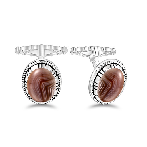 [CFL01BOT00000A260] Sterling Silver 925 Cufflink Rhodium Plated Embedded With Botswana Agate