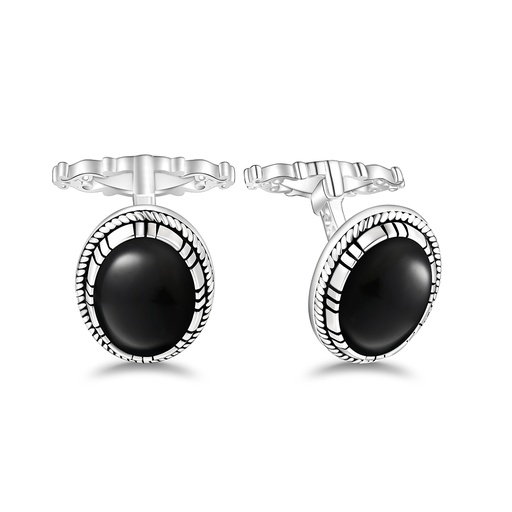 [CFL01ONX00000A260] Sterling Silver 925 Cufflink Rhodium Plated Embedded With Black Agate