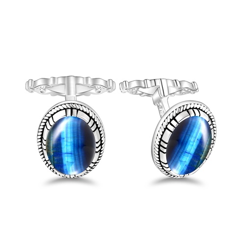 [CFL01TGU00000A260] Sterling Silver 925 Cufflink Rhodium Plated Embedded With Blue Tiger Eye