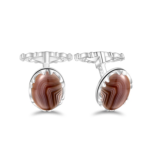 [CFL01BOT00000A264] Sterling Silver 925 Cufflink Rhodium Plated Embedded With Botswana Agate