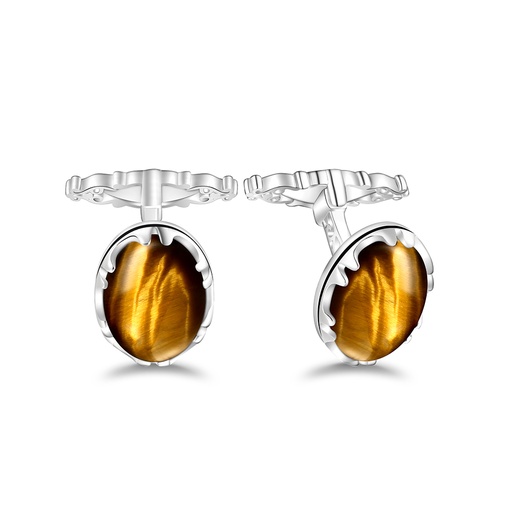 [CFL01TGE00000A264] Sterling Silver 925 Cufflink Rhodium Plated Embedded With Yellow Tiger Eye