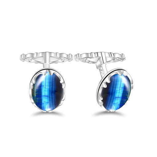 [CFL01TGU00000A264] Sterling Silver 925 Cufflink Rhodium Plated Embedded With Blue Tiger Eye