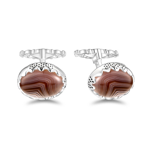 [CFL01BOT00000A268] Sterling Silver 925 Cufflink Rhodium Plated Embedded With Botswana Agate