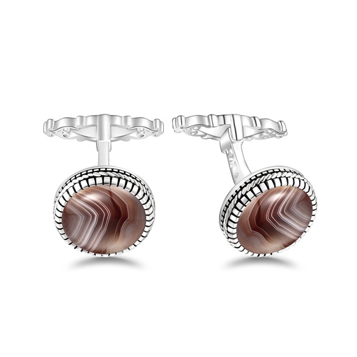 [CFL01BOT00000A273] Sterling Silver 925 Cufflink Rhodium Plated Embedded With Botswana Agate