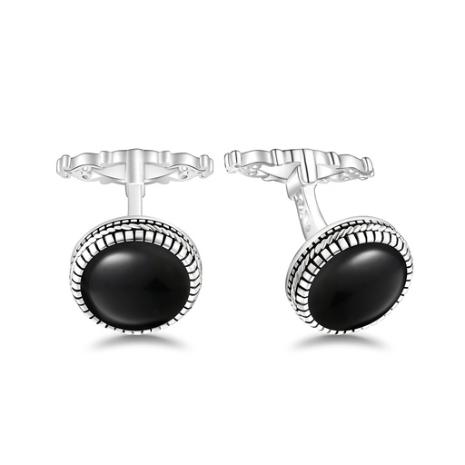 [CFL01ONX00000A273] Sterling Silver 925 Cufflink Rhodium Plated Embedded With Black Agate