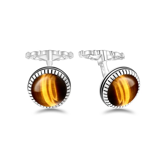 [CFL01TGE00000A279] Sterling Silver 925 Cufflink Rhodium Plated Embedded With Yellow Tiger Eye