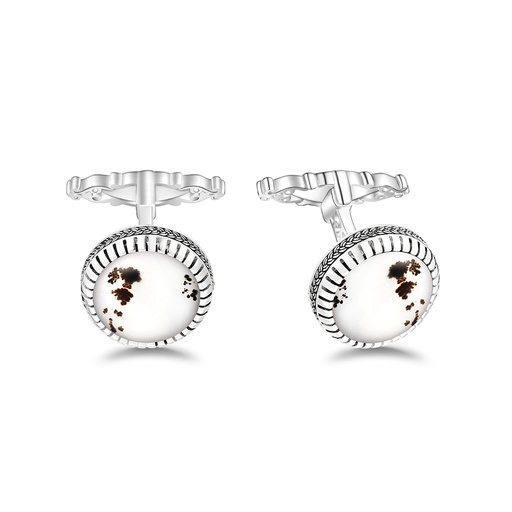 [CFL01ACY00000A278] Sterling Silver 925 Cufflink Rhodium Plated Embedded With Natural Agate